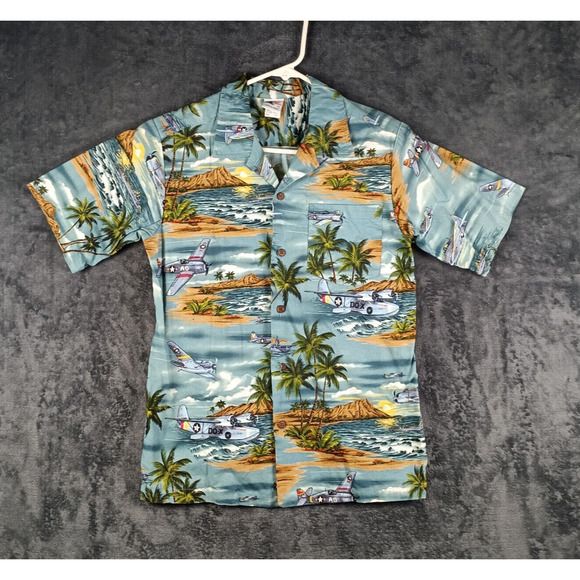 Nui Nalu Hawaiian Shirt BOYS Large WWII Planes Aviation Aloha Button Up - Picture 1 of 8